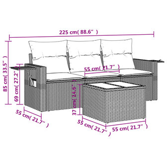 4-delige Loungeset met kussens poly rattan zwart
