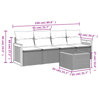 5-delige Loungeset met kussens poly rattan beige