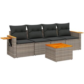 5-delige Loungeset met kussens poly rattan grijs