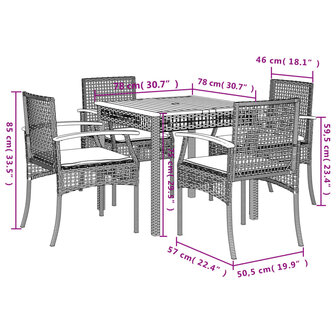 5-delige Tuinset met kussens poly rattan grijs
