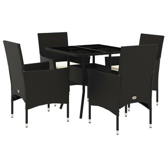 5-delige Tuinset met kussens poly rattan en glas zwart