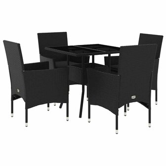 5-delige Tuinset met kussens poly rattan en glas zwart