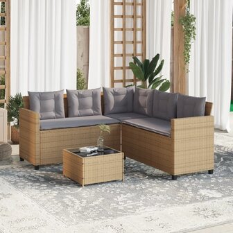 Tuinbank met tafel en kussens L-vormig poly rattan beige