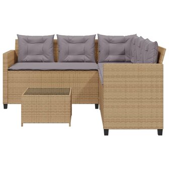 Tuinbank met tafel en kussens L-vormig poly rattan beige