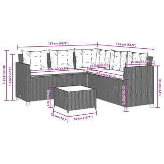Tuinbank met tafel en kussens L-vormig poly rattan beige