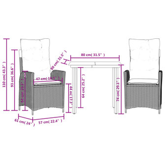 3-delige Tuinset met kussens poly rattan zwart