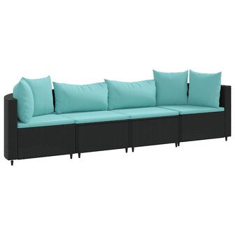 4-delige Loungeset met kussens poly rattan zwart