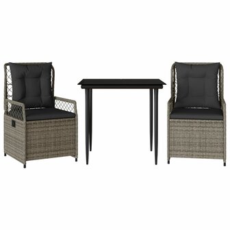 3-delige Tuinset met kussens poly rattan grijs