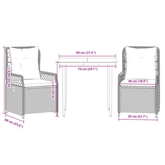 3-delige Tuinset met kussens poly rattan grijs