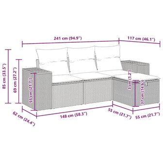 4-delige Loungeset met kussens poly rattan bruin