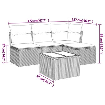 5-delige Loungeset met kussens poly rattan bruin