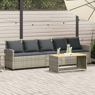 Tuinbank 5-zits met kussens poly rattan lichtgrijs