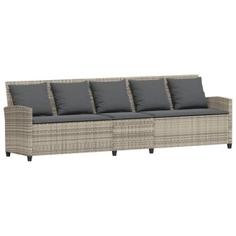 Tuinbank 5-zits met kussens poly rattan lichtgrijs
