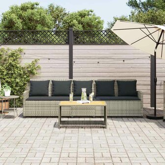 Tuinbank 5-zits met kussens poly rattan lichtgrijs
