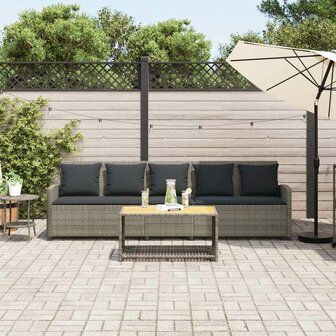 Tuinbank 5-zits met kussens poly rattan grijs