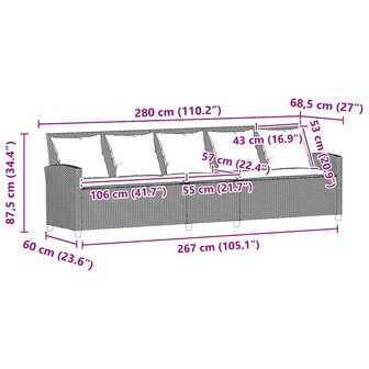 Tuinbank 5-zits met kussens poly rattan grijs