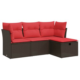 4-delige Loungeset met kussens poly rattan bruin