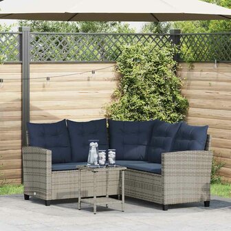 Tuinbank met tafel en kussens L-vormig poly rattan grijs