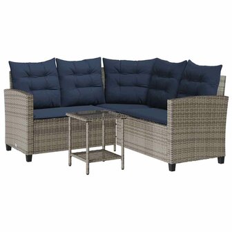 Tuinbank met tafel en kussens L-vormig poly rattan grijs