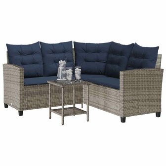 Tuinbank met tafel en kussens L-vormig poly rattan grijs