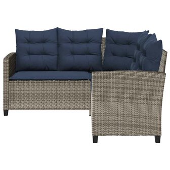 Tuinbank met tafel en kussens L-vormig poly rattan grijs