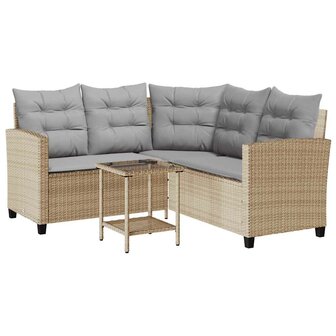 Tuinbank met tafel en kussens L-vormig beige poly rattan