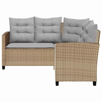 Tuinbank met tafel en kussens L-vormig beige poly rattan