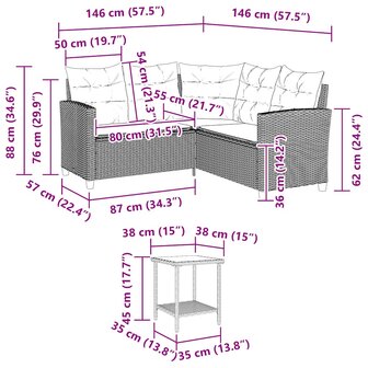 Tuinbank met tafel en kussens L-vormig beige poly rattan