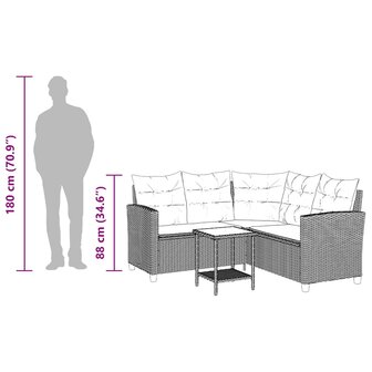 Tuinbank met tafel en kussens L-vormig beige poly rattan