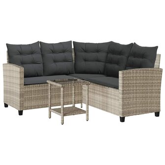 Tuinbank met tafel en kussens L-vormig poly rattan lichtgrijs