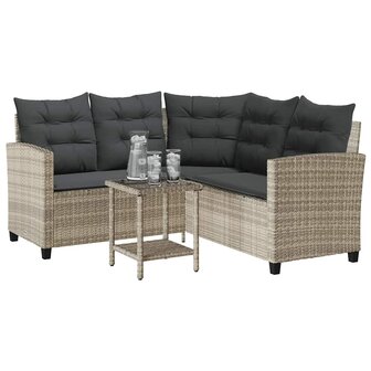 Tuinbank met tafel en kussens L-vormig poly rattan lichtgrijs