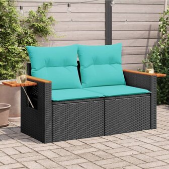 Tuinbank met kussens 2-zits poly rattan zwart