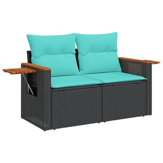 Tuinbank met kussens 2-zits poly rattan zwart