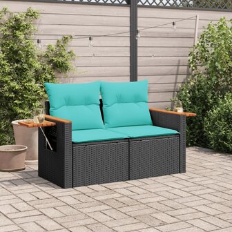 Tuinbank met kussens 2-zits poly rattan zwart