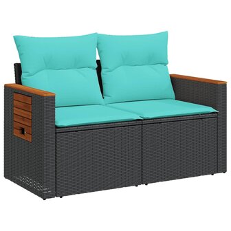 Tuinbank met kussens 2-zits poly rattan zwart