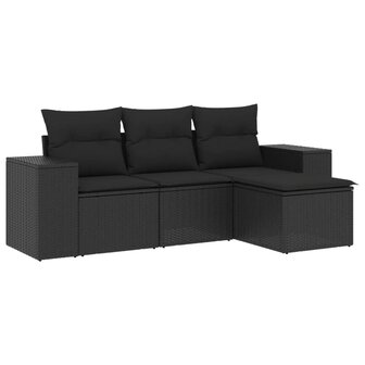 4-delige Loungeset met kussens poly rattan zwart