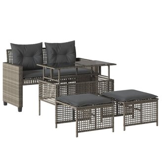 4-delige Loungeset met kussens poly rattan en glas lichtgrijs