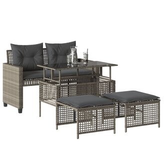 4-delige Loungeset met kussens poly rattan en glas lichtgrijs