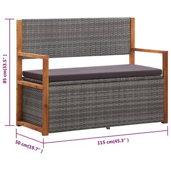 Opbergbankje 115 cm poly rattan en massief acaciahout grijs