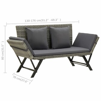 Tuinbankje met kussens 176 cm poly rattan grijs