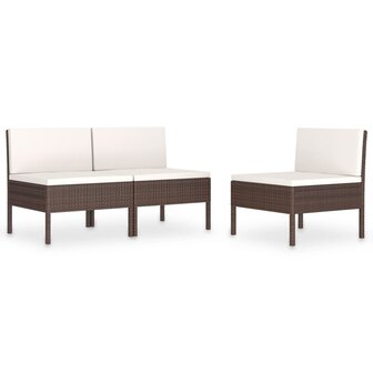 Tuinstoelen 3 st met kussens poly rattan bruin