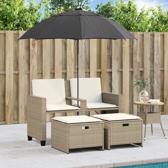 Tuinbank 2-zits met parasol en voetenbanken poly rattan beige