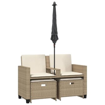Tuinbank 2-zits met parasol en voetenbanken poly rattan beige