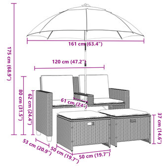 Tuinbank 2-zits met parasol en voetenbanken poly rattan beige