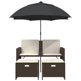 Tuinbank 2-zits met parasol en voetenbanken poly rattan bruin