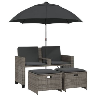 Tuinbank 2-zits met parasol en voetenbanken poly rattan grijs