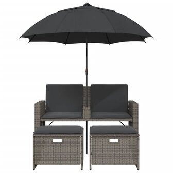 Tuinbank 2-zits met parasol en voetenbanken poly rattan grijs