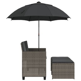 Tuinbank 2-zits met parasol en voetenbanken poly rattan grijs