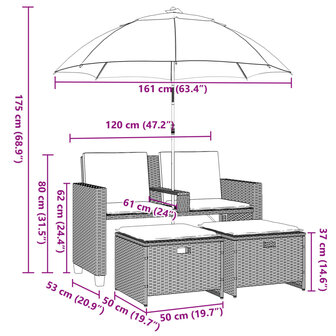 Tuinbank 2-zits met parasol en voetenbanken poly rattan grijs