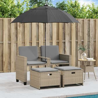 Tuinbank 2-zits met parasol en voetenbanken poly rattan beige